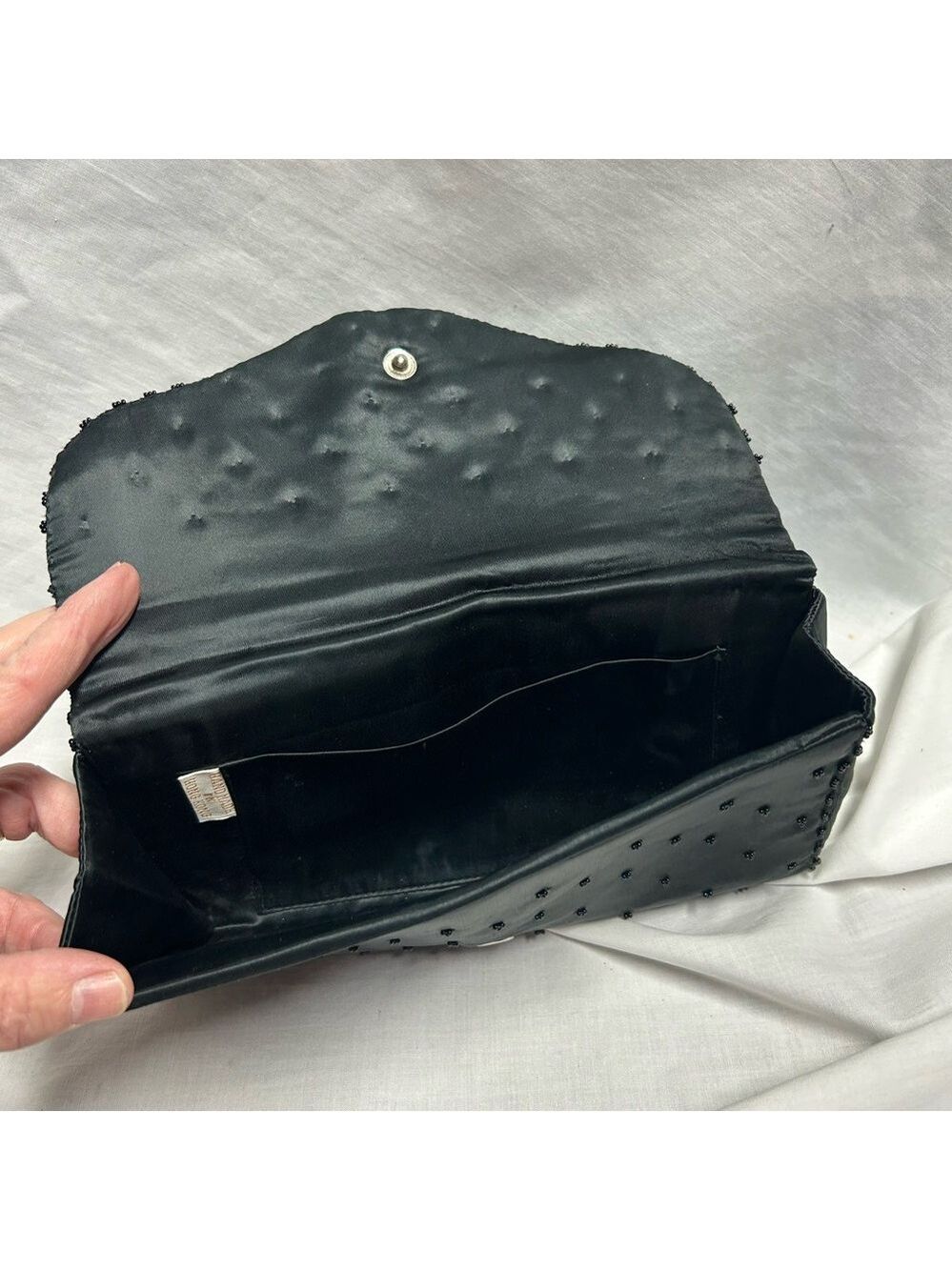 Nice Vintage Art Deco Clutch Black Beaded Sequin Satin Made In Hong Kong - Picture 7 of 9